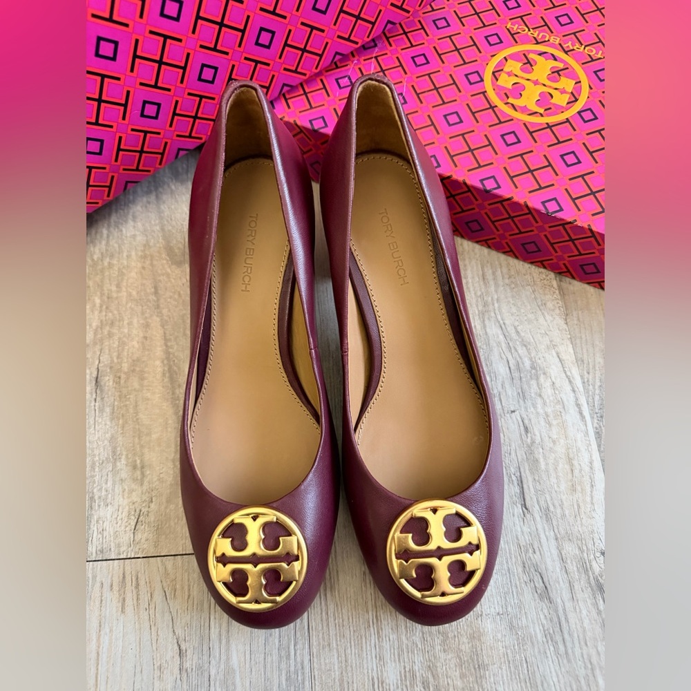 Tory Burch Maroon Flats with Gold Emblem